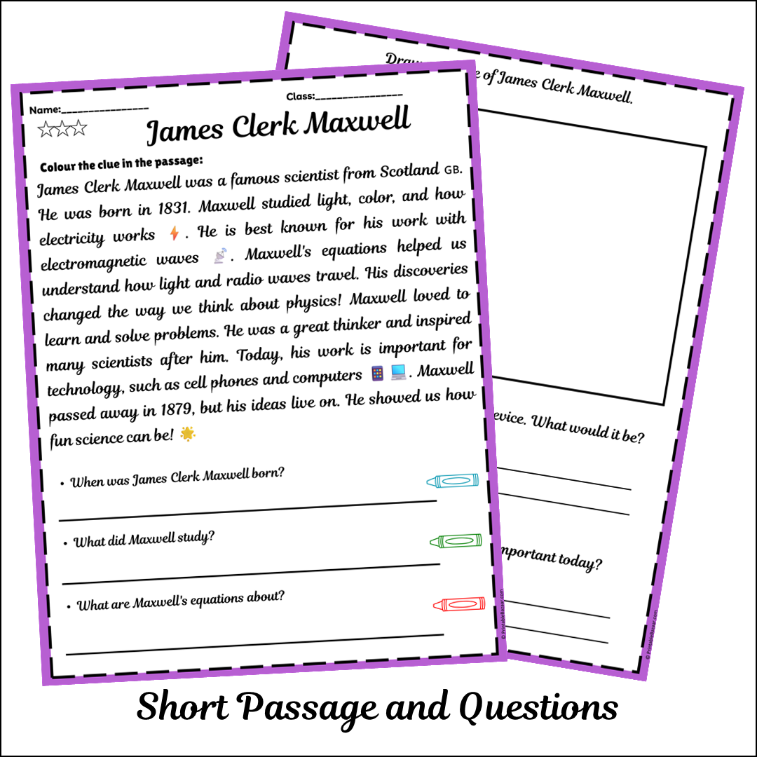 James Clerk Maxwell | Short Reading Comprehension Creative Worksheet