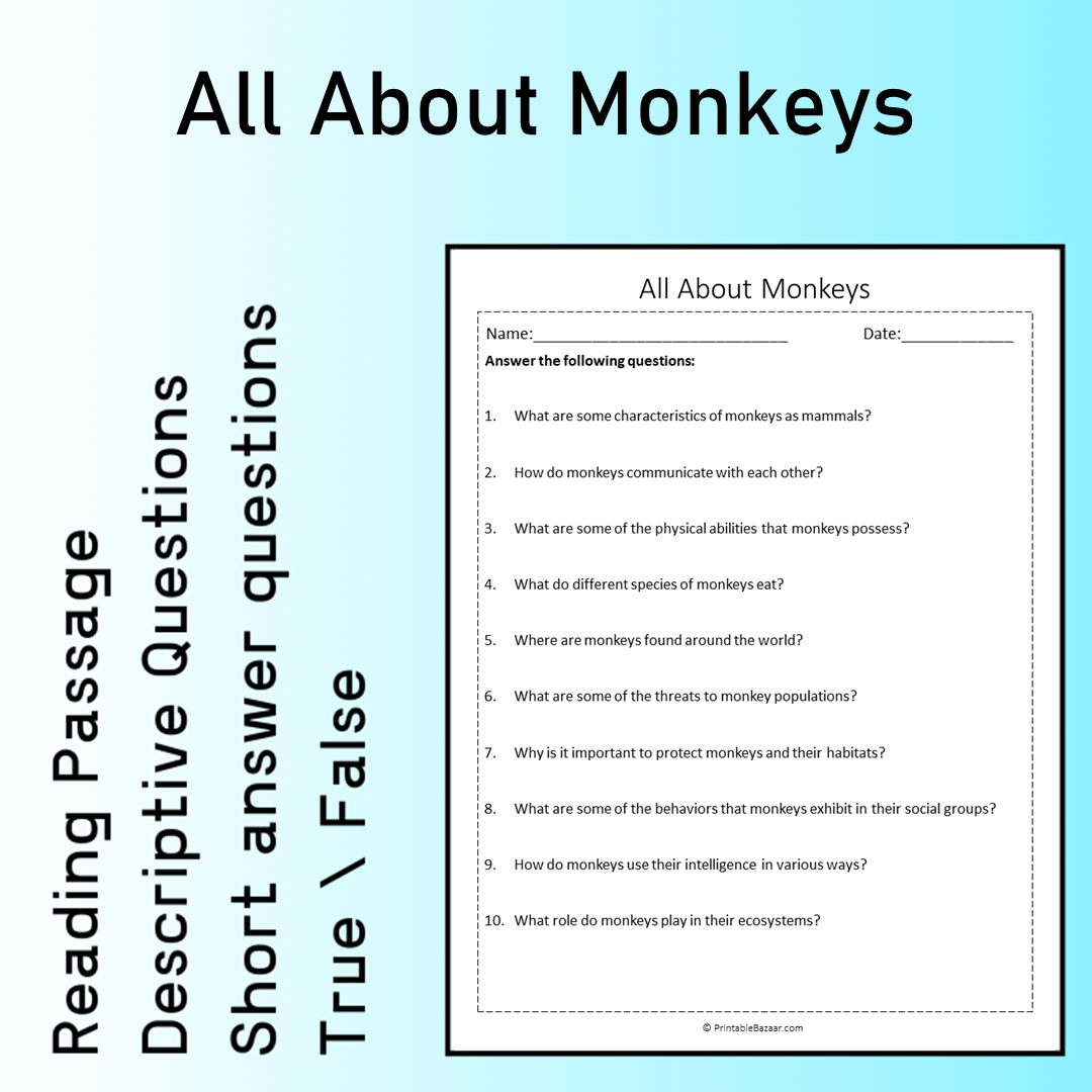 All About Monkeys | Reading Comprehension Passage Printable Worksheet