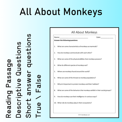 All About Monkeys | Reading Comprehension Passage Printable Worksheet