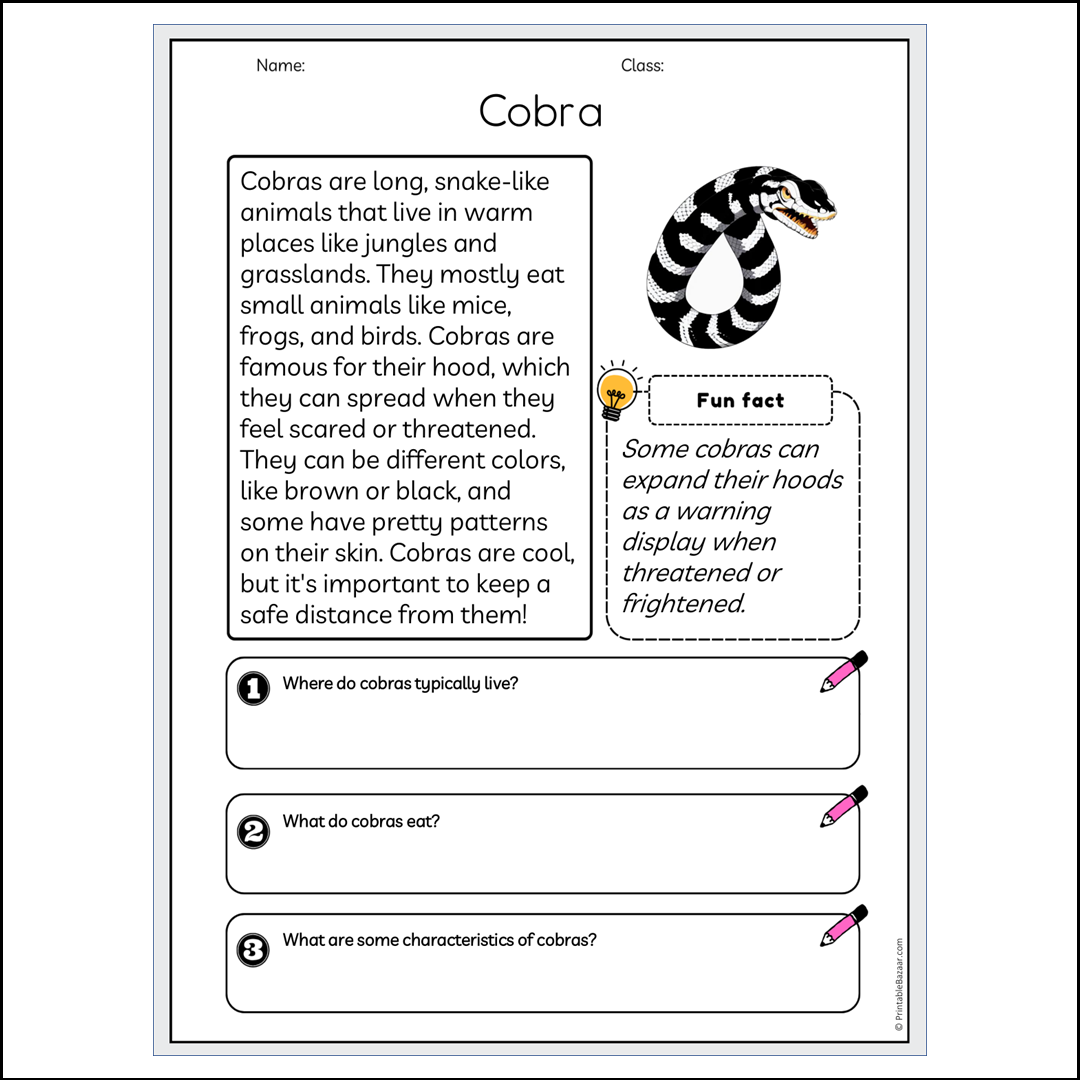 Cobra | Reading Passage Comprehension Questions Writing Facts Worksheet