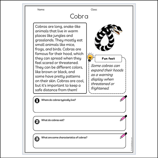 Cobra | Reading Passage Comprehension Questions Writing Facts Worksheet