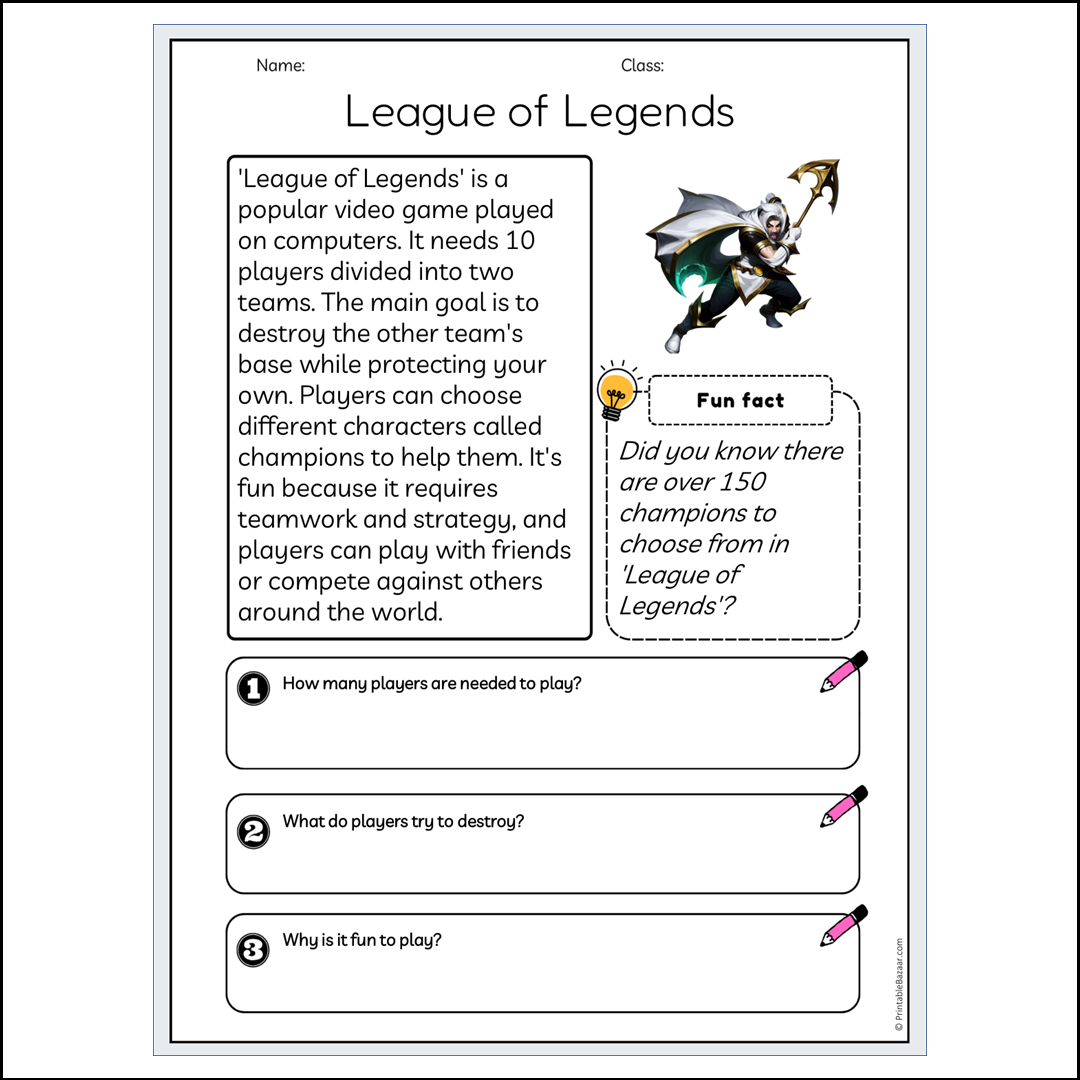 League of Legends | Reading Passage Comprehension Questions Writing Facts Worksheet