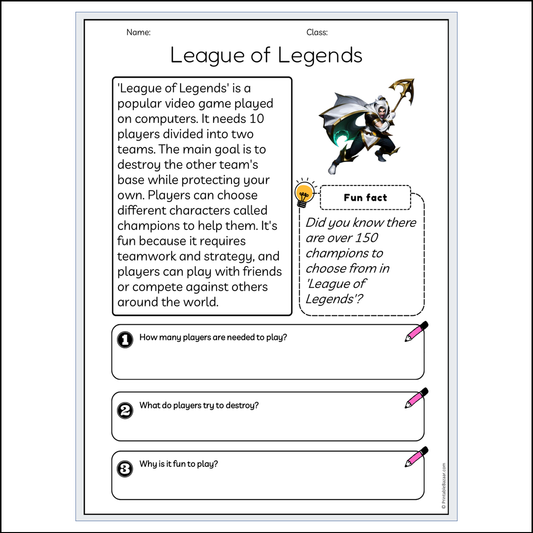 League of Legends | Reading Passage Comprehension Questions Writing Facts Worksheet