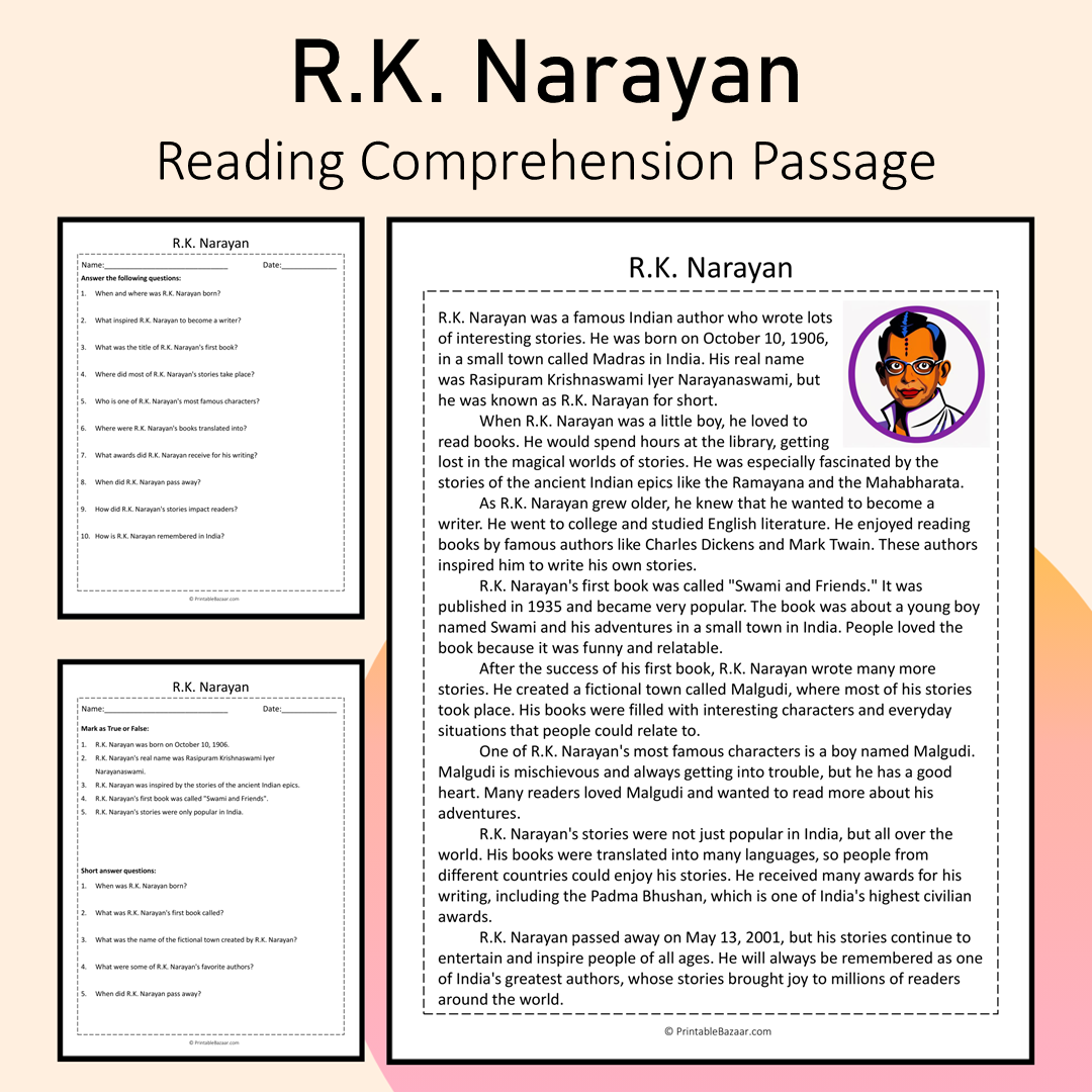 R.K. Narayan | Reading Comprehension Passage Printable Activity