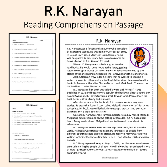 R.K. Narayan | Reading Comprehension Passage Printable Activity
