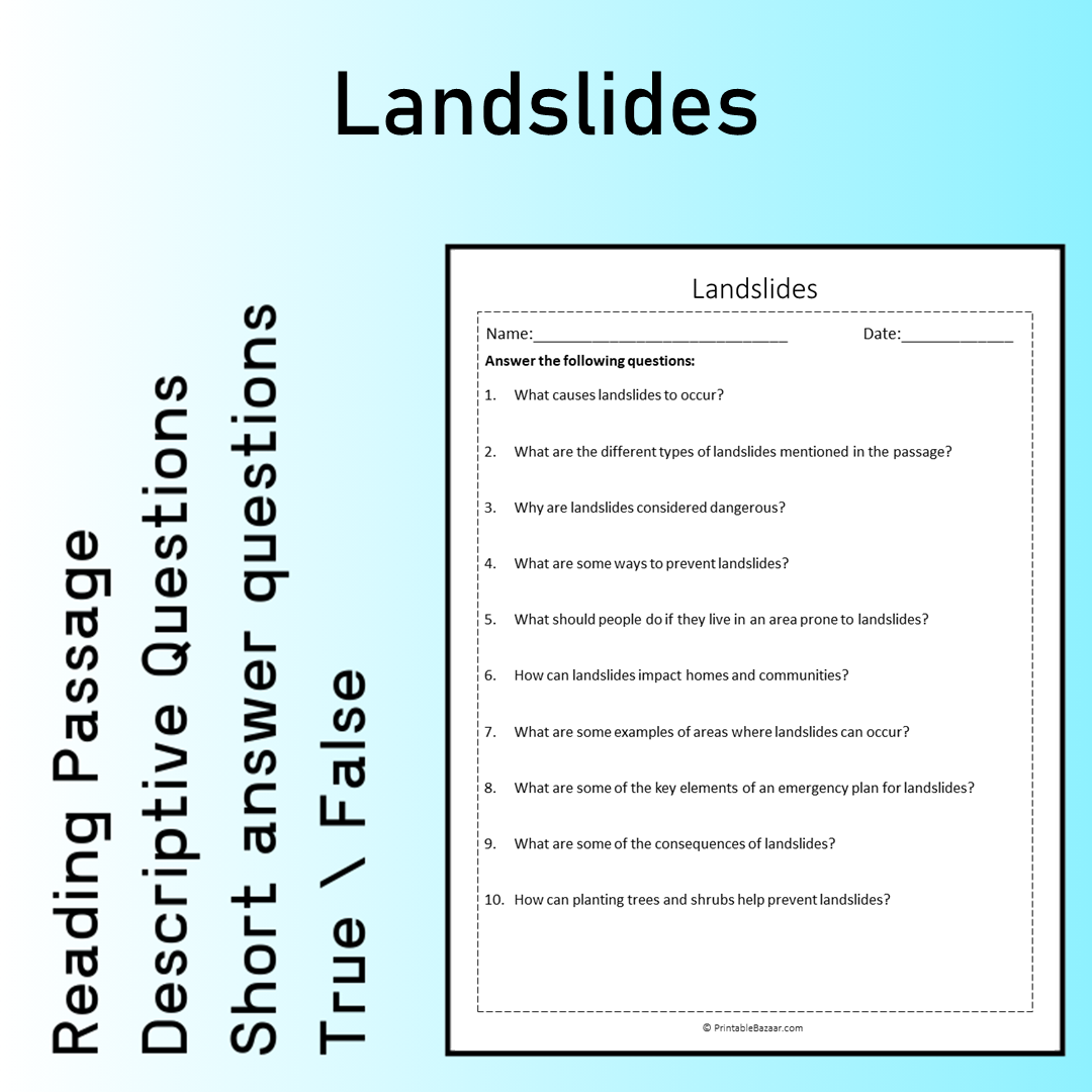 Landslides | Reading Comprehension Passage Printable Worksheet