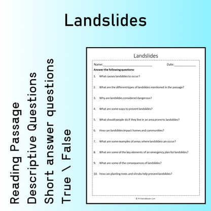 Landslides | Reading Comprehension Passage Printable Worksheet