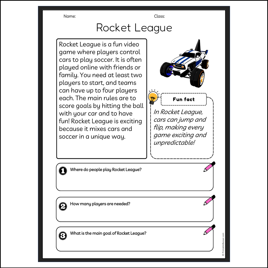 Rocket League | Reading Passage Comprehension Questions Writing Facts Worksheet