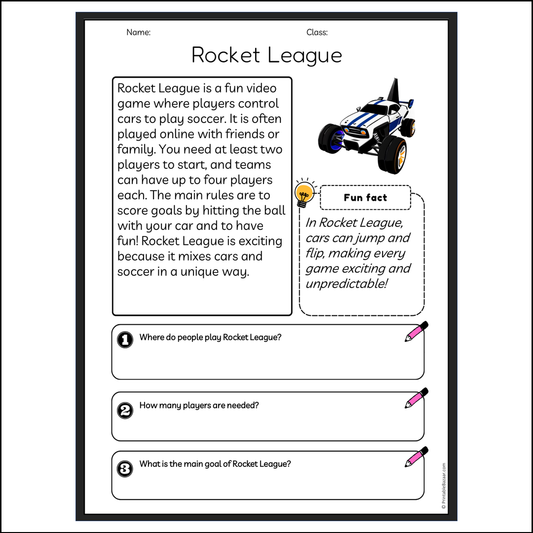 Rocket League | Reading Passage Comprehension Questions Writing Facts Worksheet