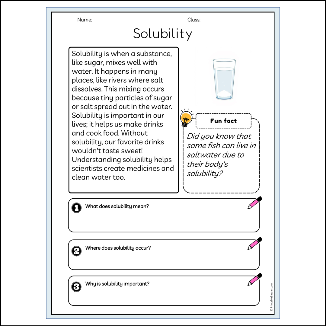 Solubility | Reading Passage Comprehension Questions Writing Facts Worksheet