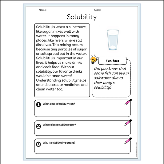 Solubility | Reading Passage Comprehension Questions Writing Facts Worksheet