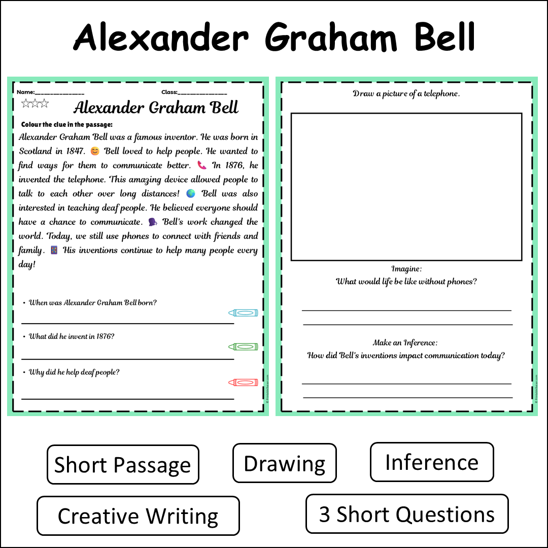 Alexander Graham Bell | Short Reading Comprehension Creative Worksheet