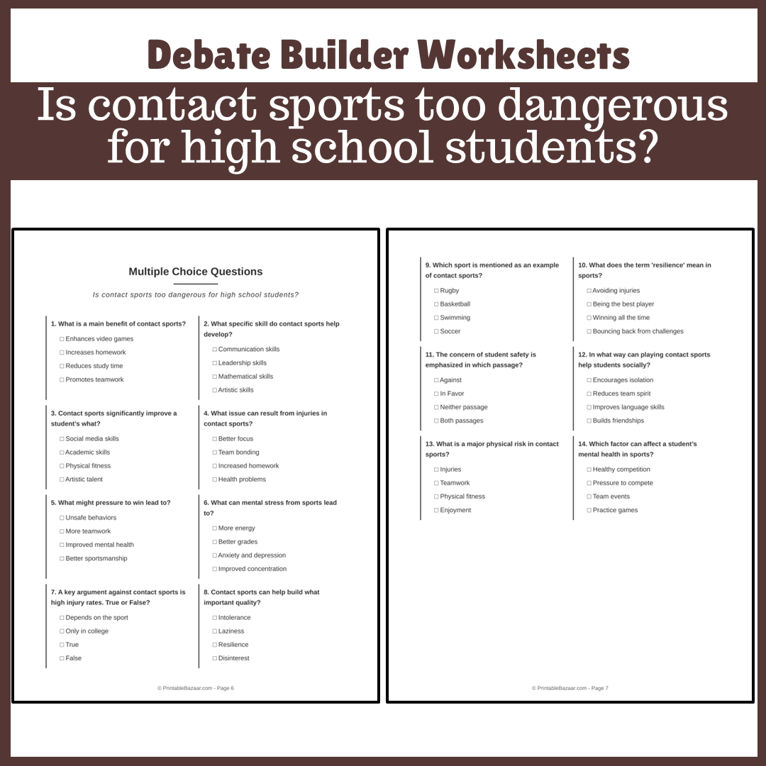 Is contact sports too dangerous for high school students? | Favour and Against Worksheet Printable Activity