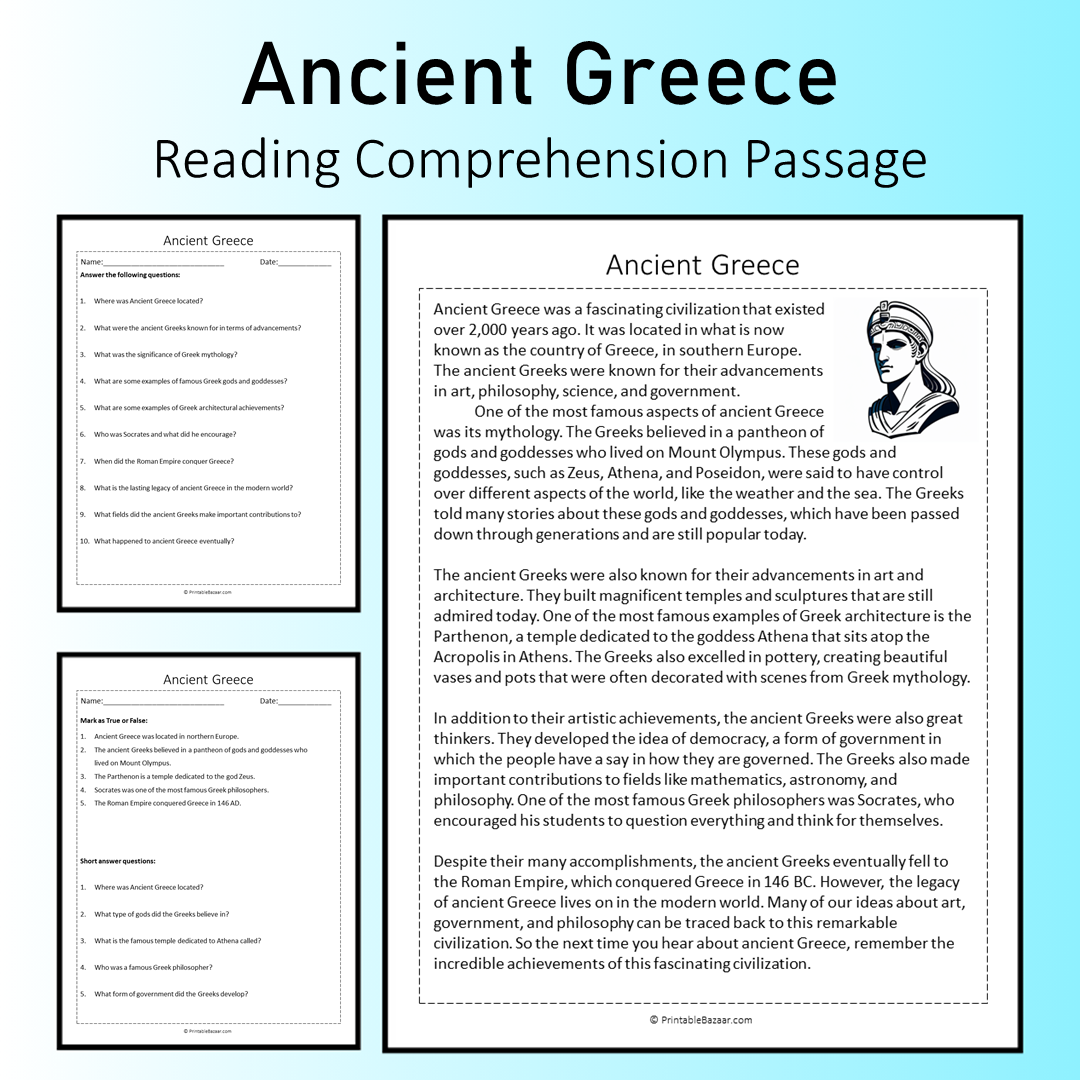 Ancient Greece | Reading Comprehension Passage Printable Worksheet