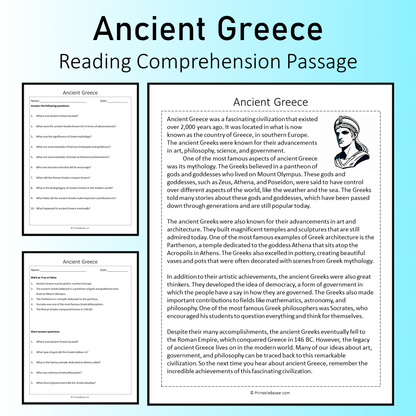 Ancient Greece | Reading Comprehension Passage Printable Worksheet