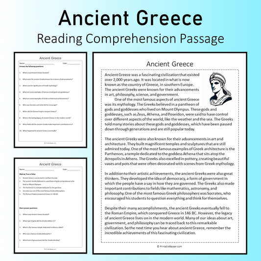 Ancient Greece | Reading Comprehension Passage Printable Worksheet