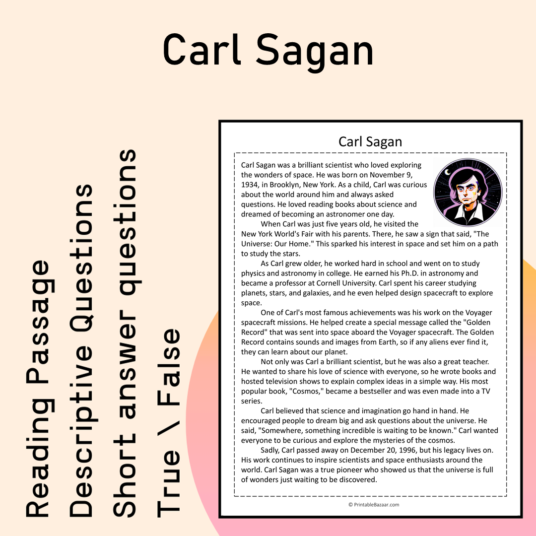 Carl Sagan | Reading Comprehension Passage Printable Activity