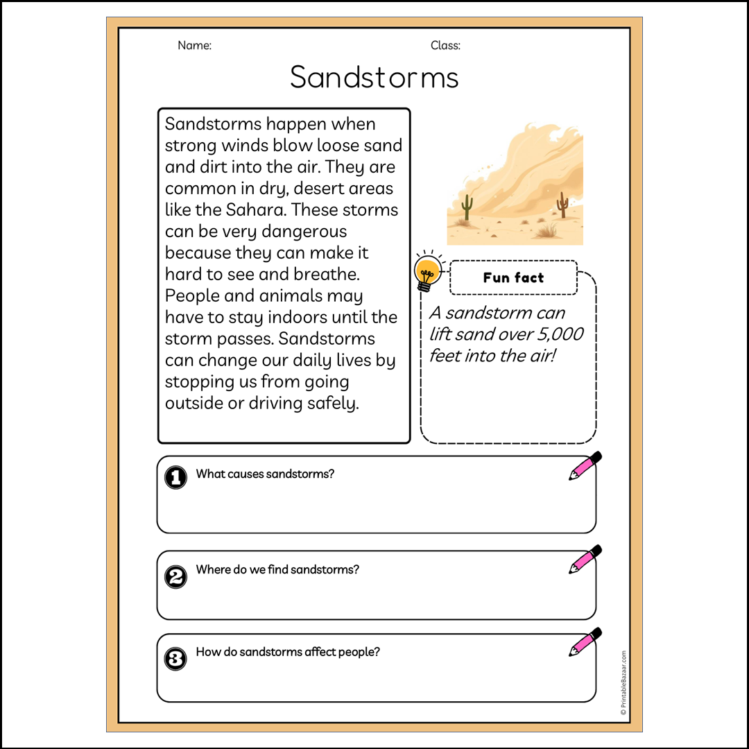 Sandstorms | Reading Passage Comprehension Questions Writing Facts Worksheet