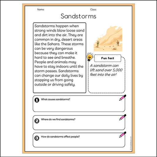 Sandstorms | Reading Passage Comprehension Questions Writing Facts Worksheet