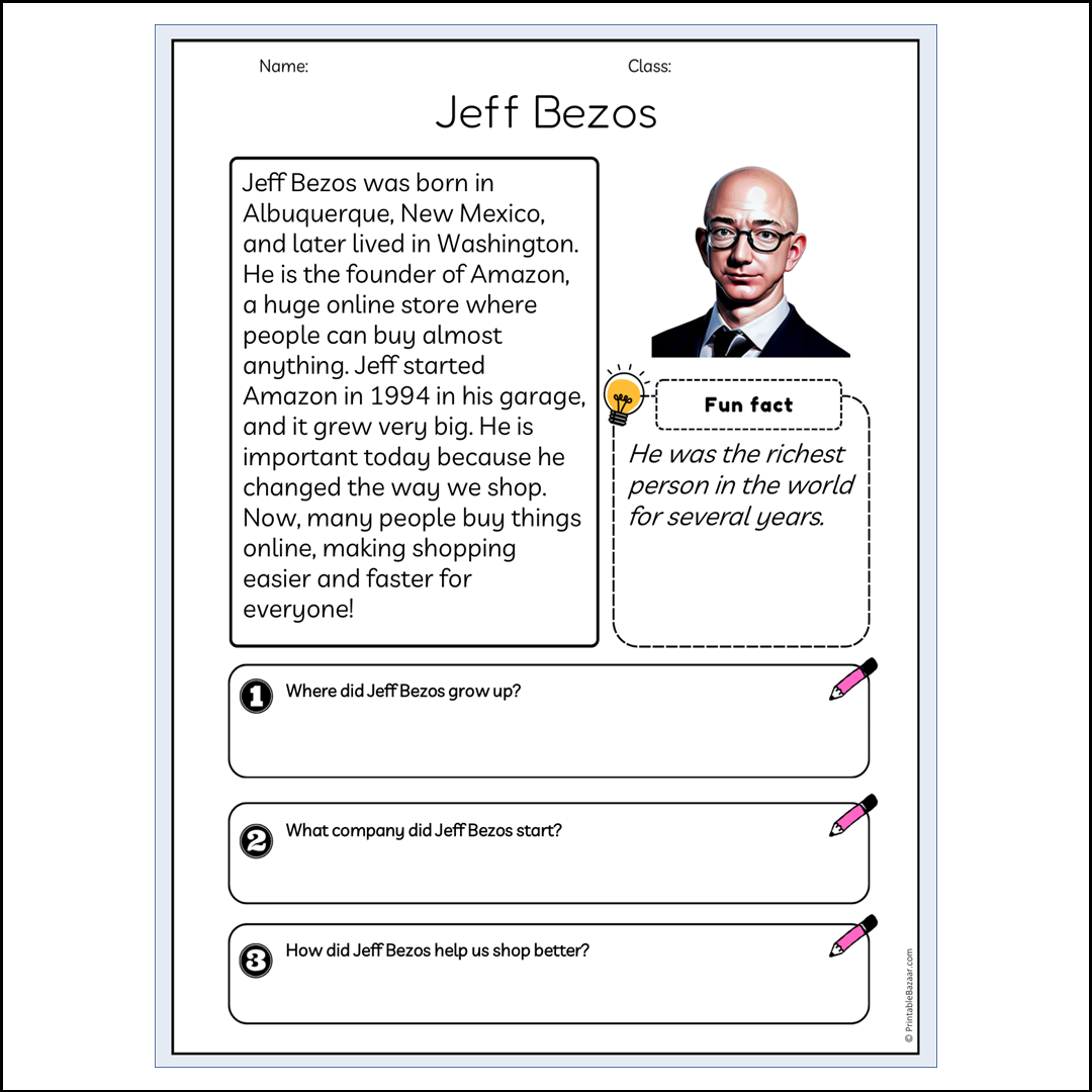 Jeff Bezos | Reading Passage Comprehension Questions Writing Facts Worksheet