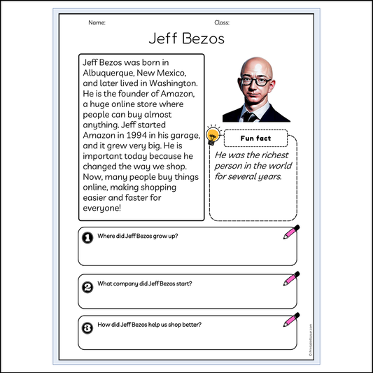 Jeff Bezos | Reading Passage Comprehension Questions Writing Facts Worksheet