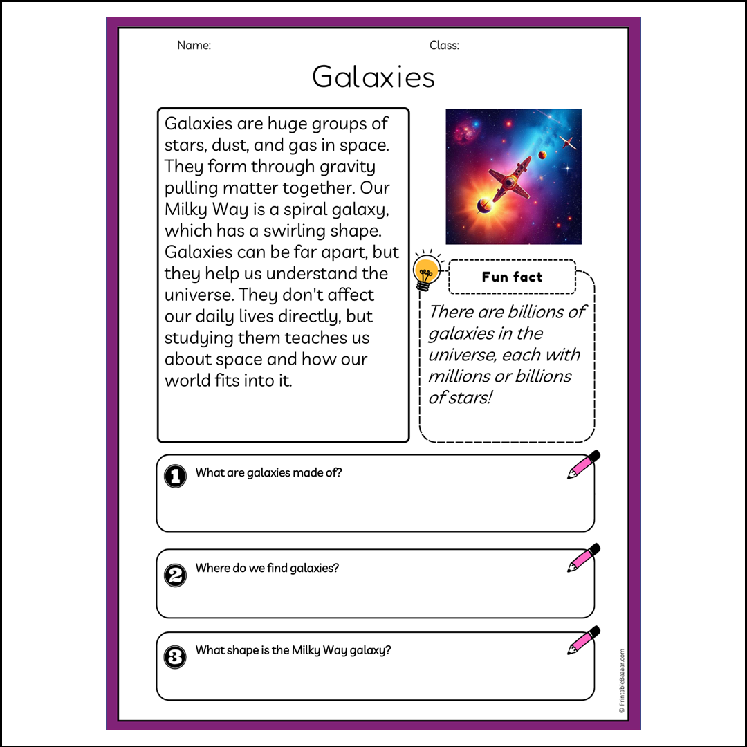 Galaxies | Reading Passage Comprehension Questions Writing Facts Worksheet