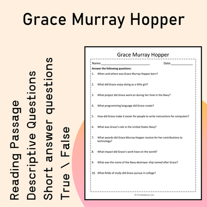 Grace Murray Hopper | Reading Comprehension Passage Printable Activity