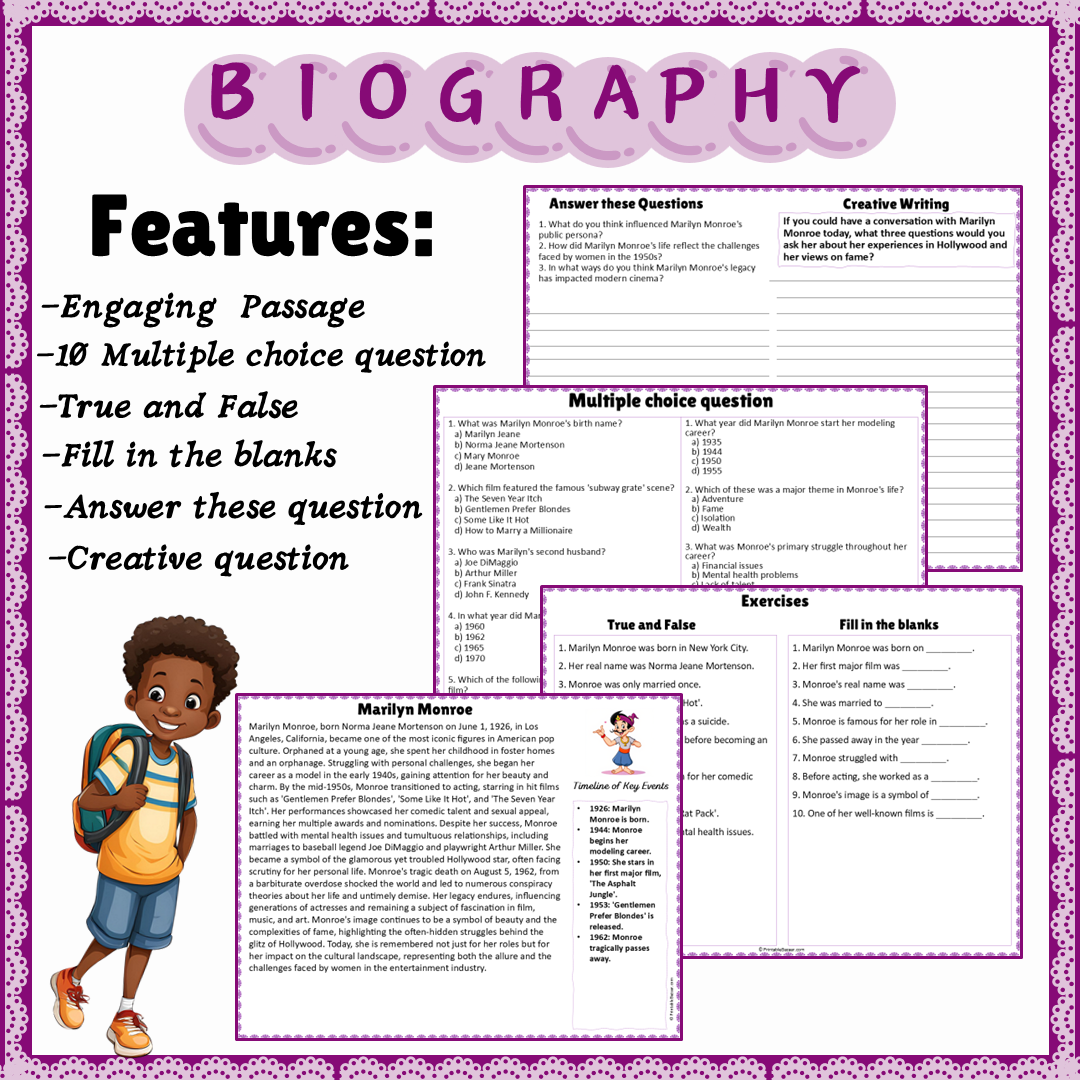Marilyn Monroe | Biography Reading Comprehension and Questions Worksheet