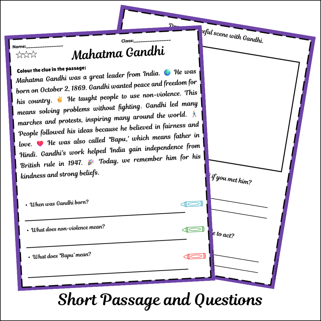 Mahatma Gandhi | Short Reading Comprehension Creative Worksheet