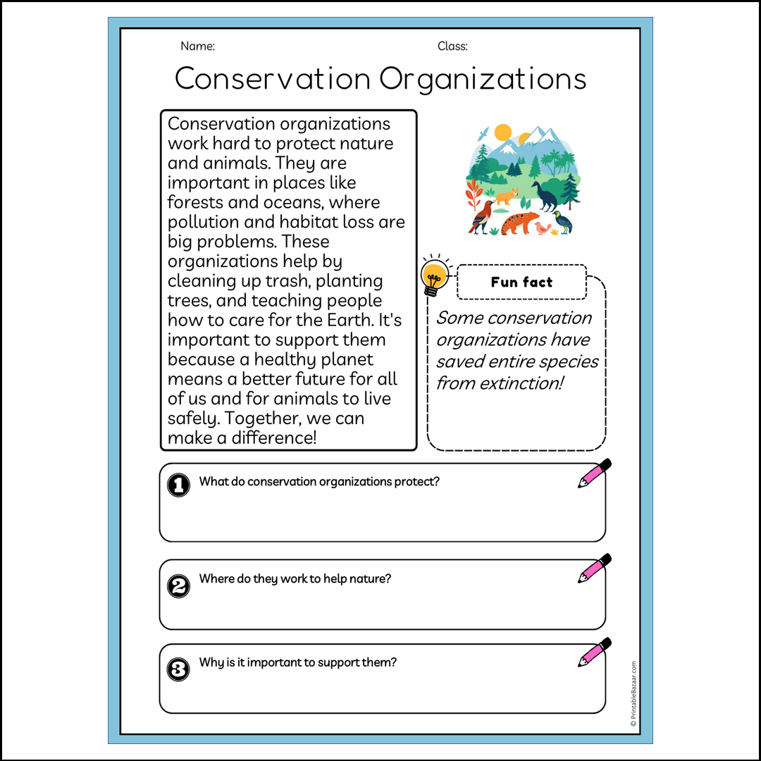 Conservation Organizations | Reading Passage Comprehension Questions Writing Facts Worksheet