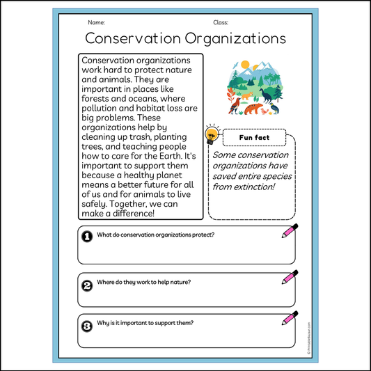 Conservation Organizations | Reading Passage Comprehension Questions Writing Facts Worksheet