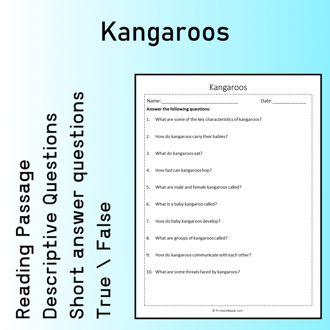 Kangaroos | Reading Comprehension Passage Printable Worksheet