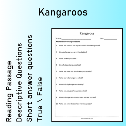 Kangaroos | Reading Comprehension Passage Printable Worksheet
