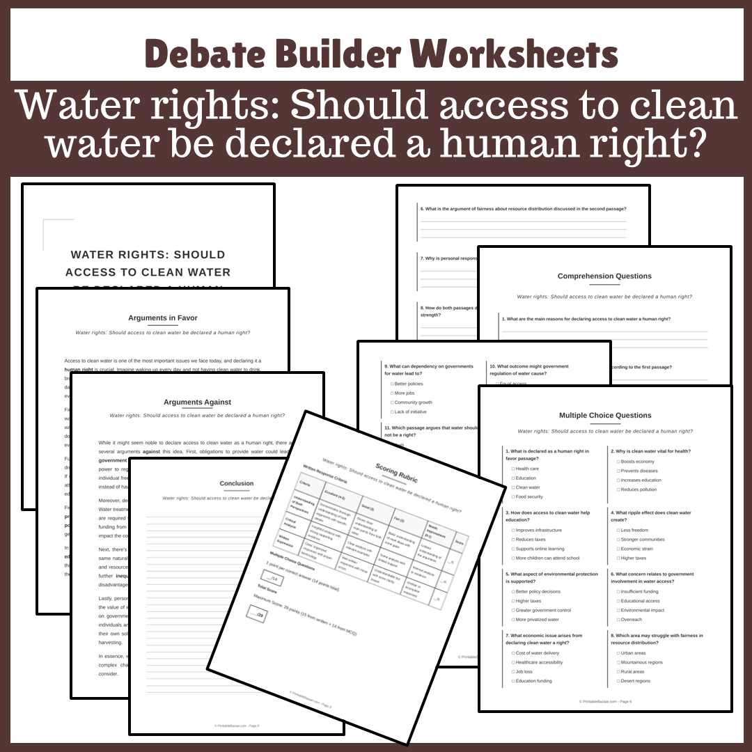 Water rights: Should access to clean water be declared a human right? | Favour and Against Worksheet Printable Activity