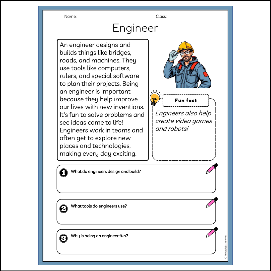 Engineer | Reading Passage Comprehension Questions Writing Facts Worksheet