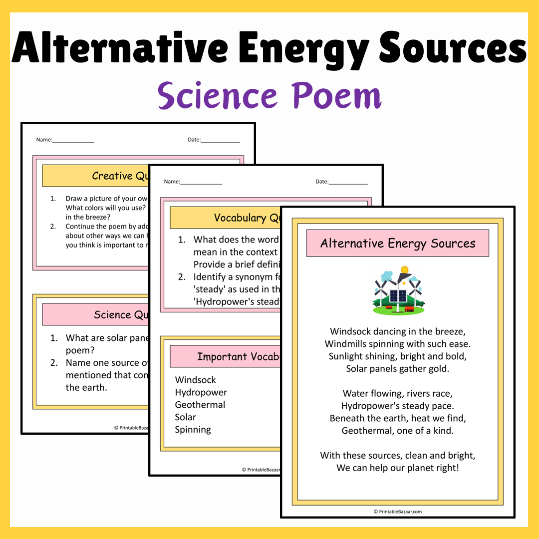 Alternative Energy Sources | Science Poem Reading Comprehension Activity