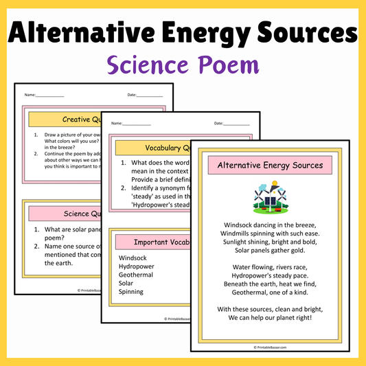 Alternative Energy Sources | Science Poem Reading Comprehension Activity