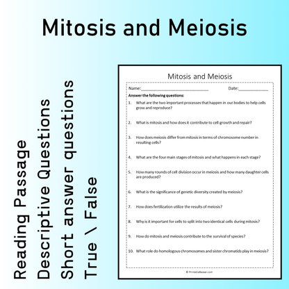 Mitosis and Meiosis | Reading Comprehension Passage Printable Worksheet