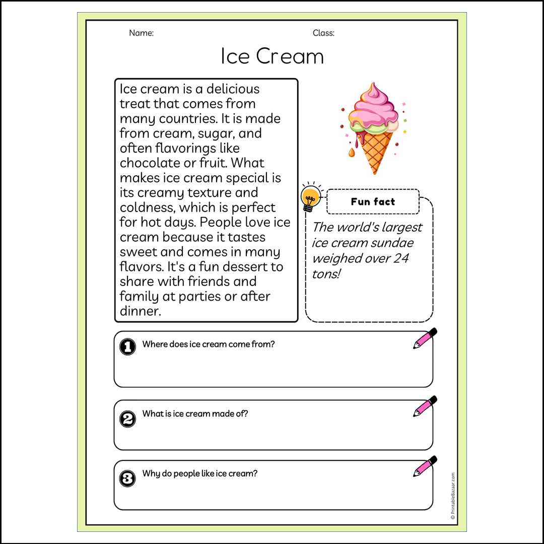 Ice Cream | Reading Passage Comprehension Questions Writing Facts Worksheet