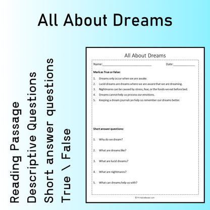 All About Dreams | Reading Comprehension Passage Printable Worksheet