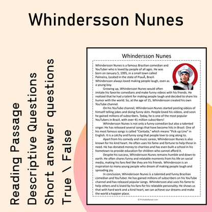 Whindersson Nunes | Reading Comprehension Passage Printable Activity