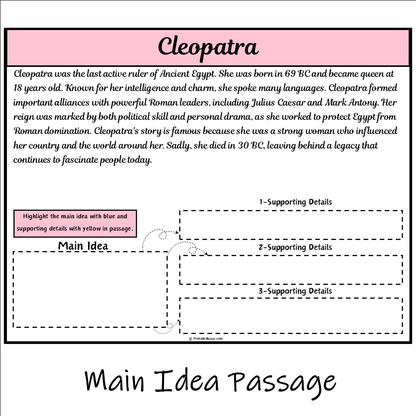 Cleopatra | Main Idea and Supporting Details Reading Passage and Questions