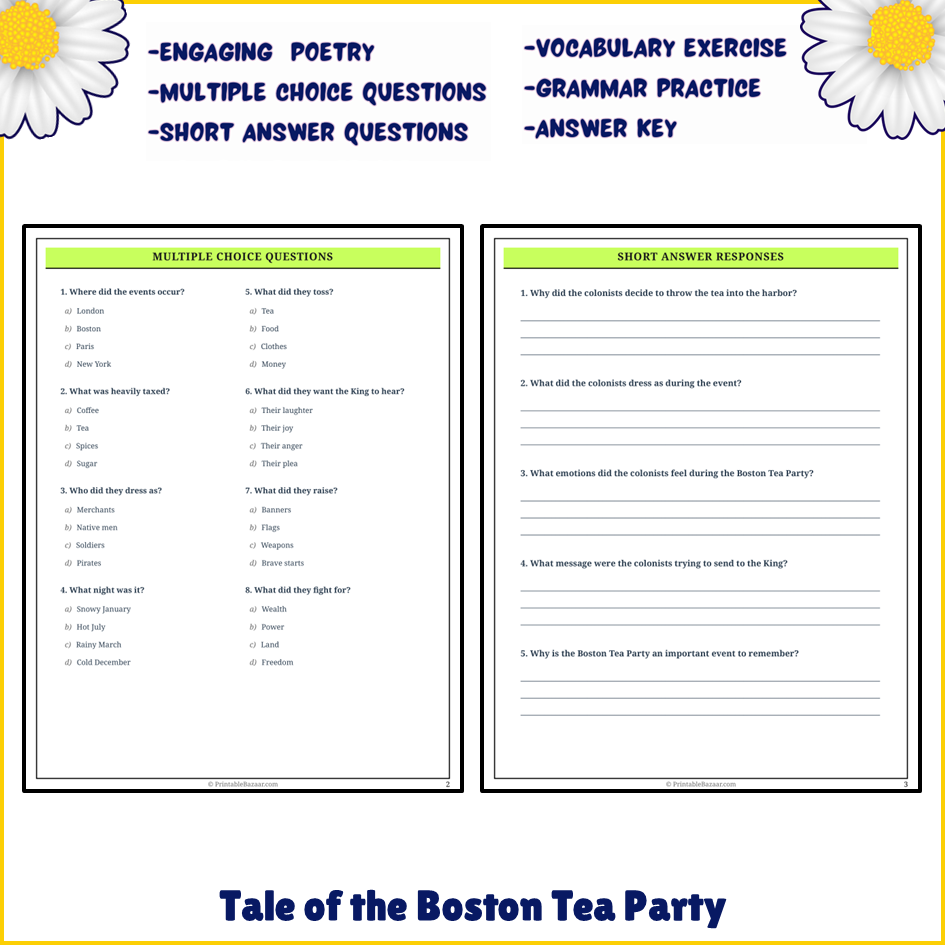 Tale of the Boston Tea Party | Poem Grammar Worksheet Printable Activity