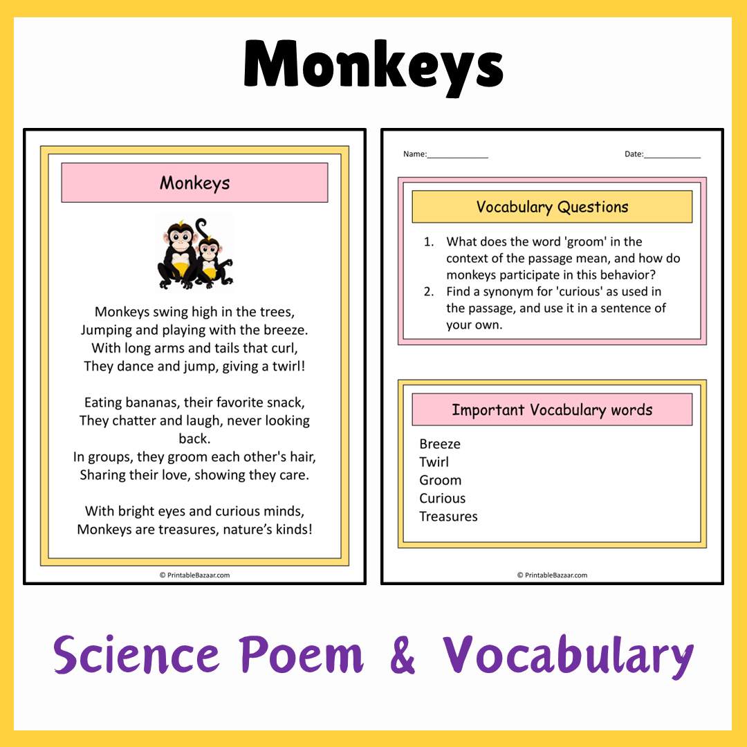 Monkeys | Science Poem Reading Comprehension Activity