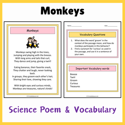 Monkeys | Science Poem Reading Comprehension Activity