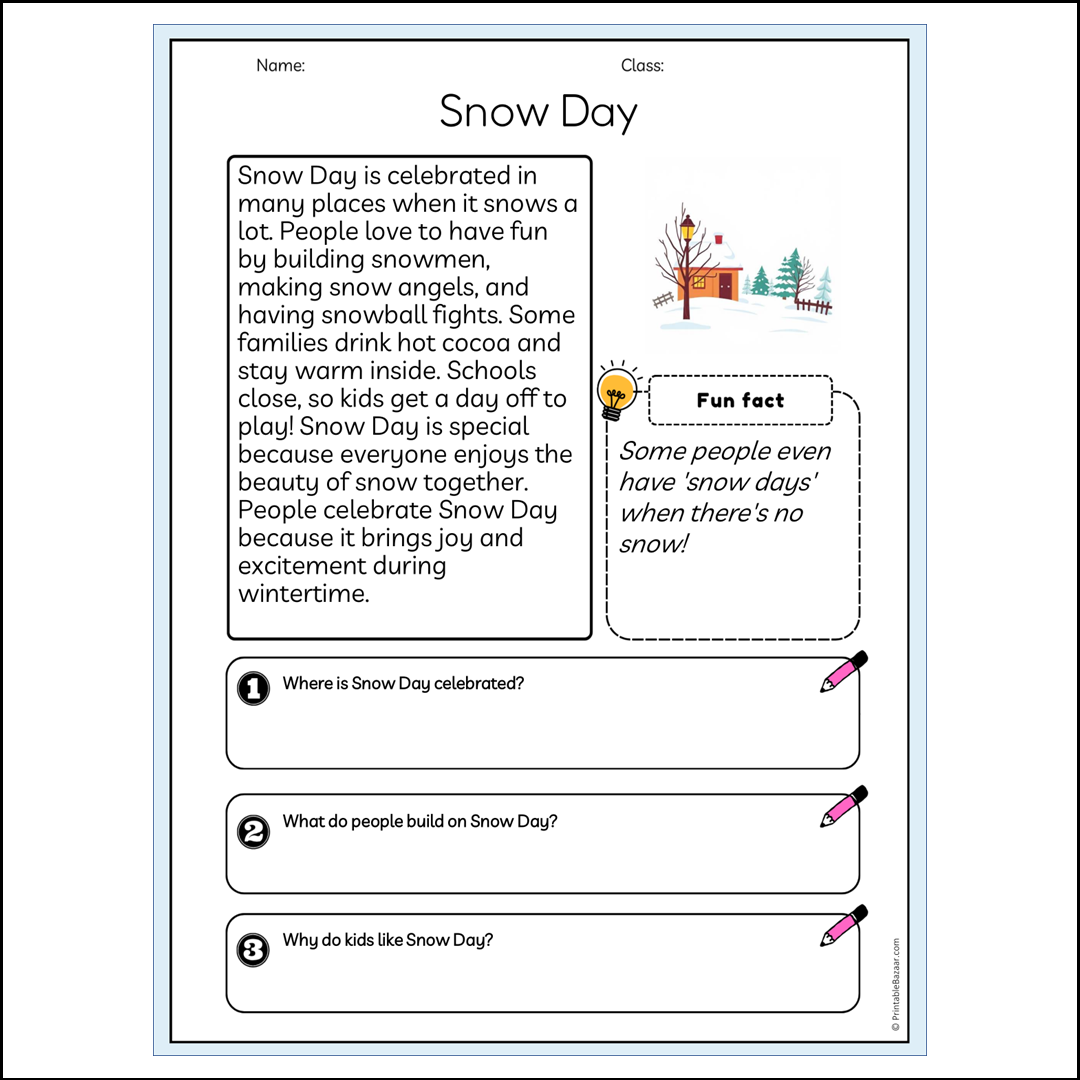 Snow Day | Reading Passage Comprehension Questions Writing Facts Worksheet