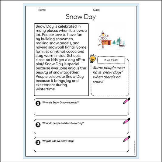 Snow Day | Reading Passage Comprehension Questions Writing Facts Worksheet