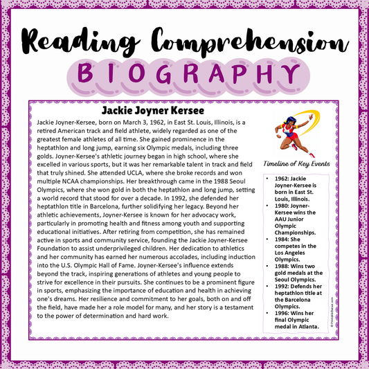 Jackie Joyner Kersee | Biography Reading Comprehension and Questions Worksheet