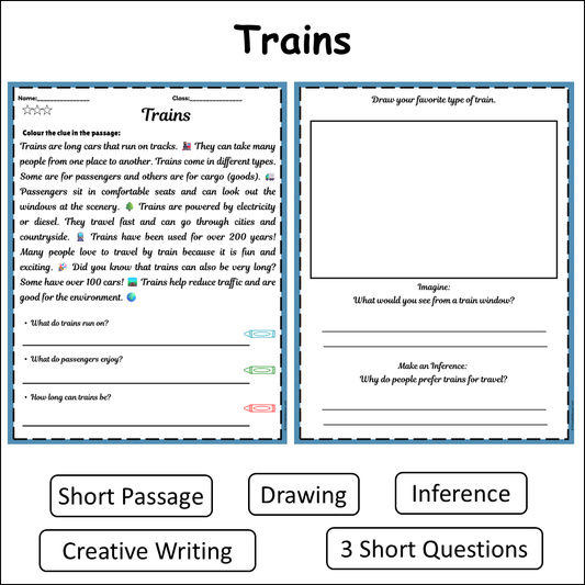 Trains | Short Reading Comprehension Creative Worksheet