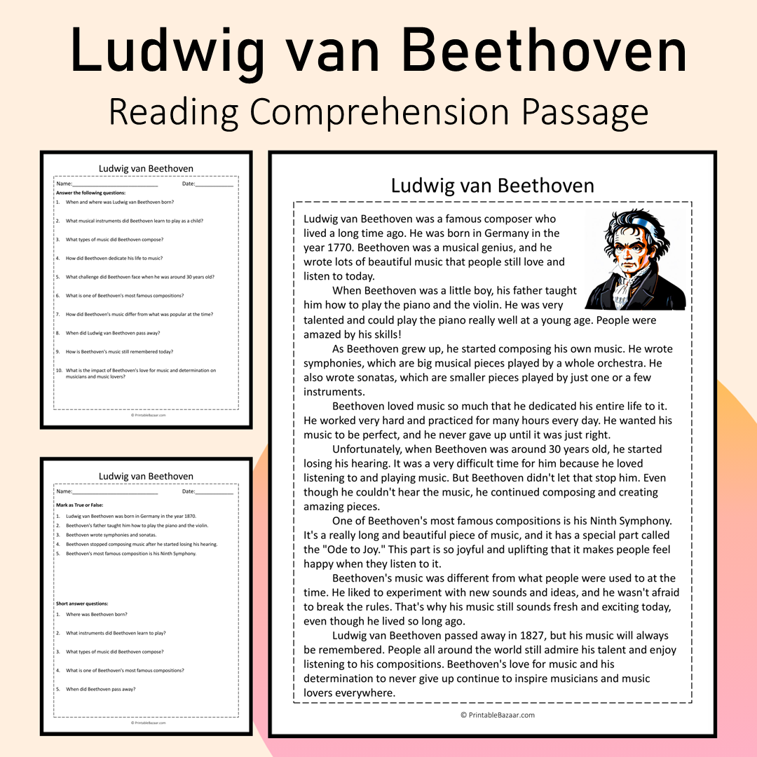 Ludwig van Beethoven | Reading Comprehension Passage Printable Activity